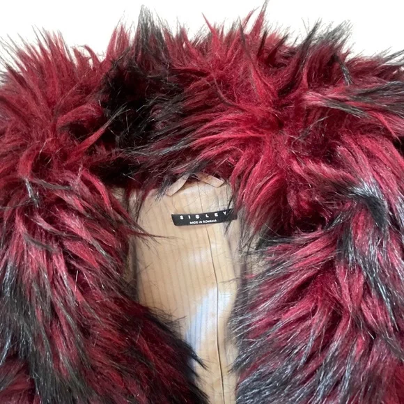 Sisley red & beige long wool & silk trench coat w/ detachable faux fur collar